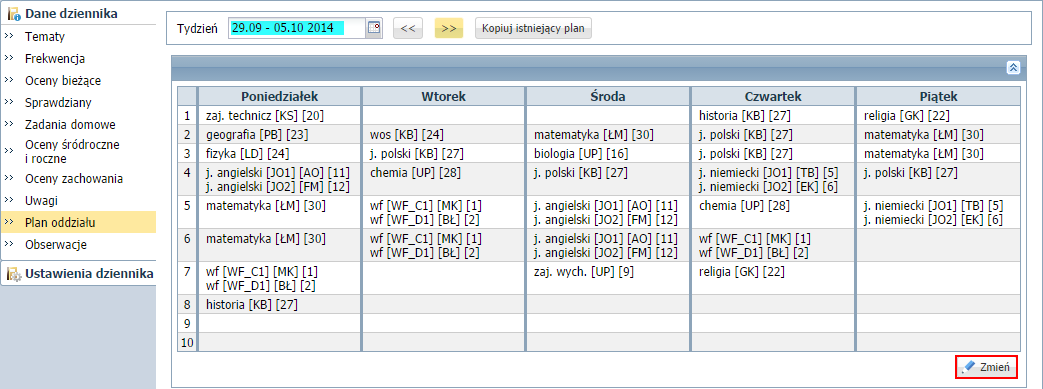 Dane te wprowadza się po kliknięciu przycisku Zmień Wprowadzanie/ modyfikowanie planu lekcji oddziału Wychowawca może również wprowadzić plan lekcji swojego oddziału, jeśli nie zrobił tego
