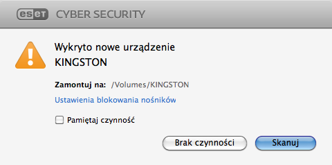 6.2 Skanowanie i blokowanie nośników wymiennych Program ESET Cyber Security umożliwia skanowanie na żądanie umieszczonych w komputerze nośników wymiennych (dysków CD i DVD, napędów USB, urządzeń z