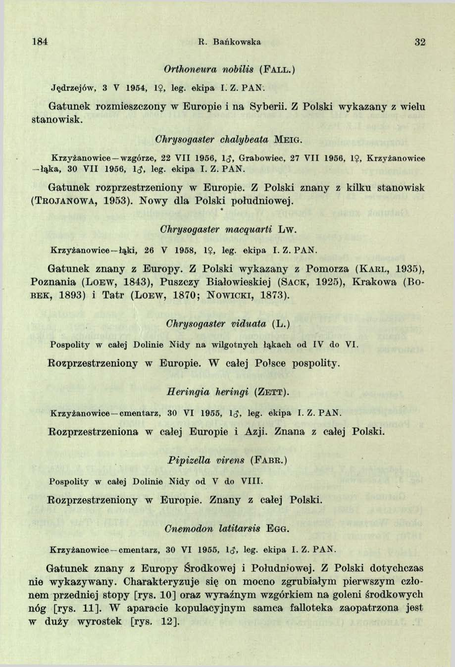 184 R. Bańkowska 32 Orthoneura nobilis (F all.) Jędrzejów, 3 V 1954, 1$, leg. ekipa I. Z. PAN. Gatunek rozmieszczony w Europie i na Syberii. Z Polski wykazany z wielu stanowisk.