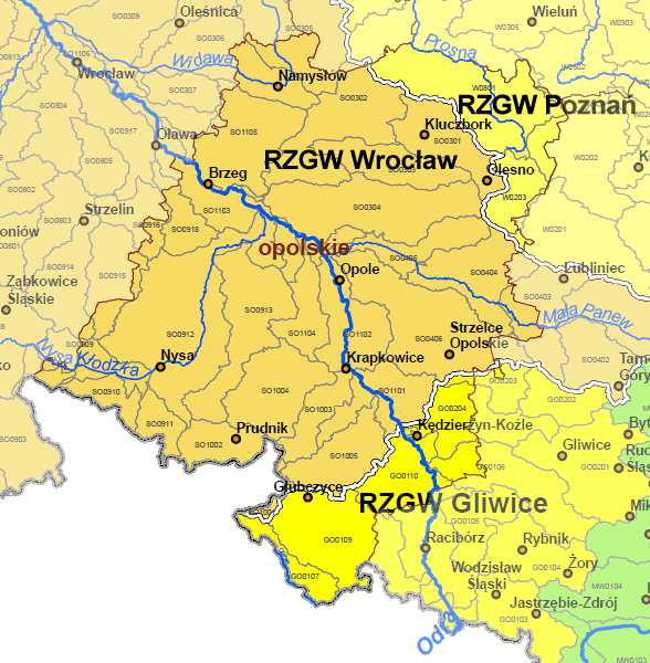 Rysunek 2.5 Sieć rzeczna na tle regionów wodnych [KRZGW] Wyniki badań wód powierzchniowych, przeprowadzone przez Wojewódzki Inspektorat Ochrony Środowiska w Opolu w 2010 r.