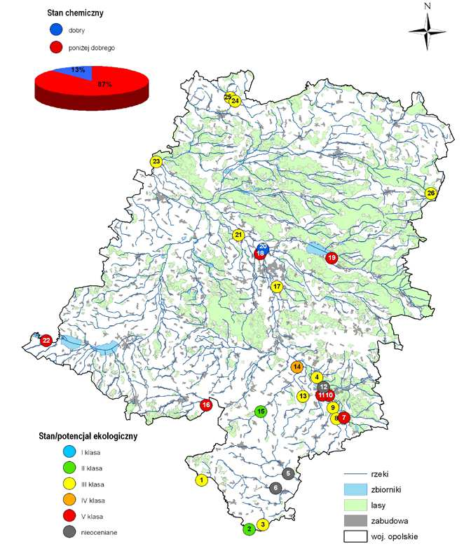 Rysunek 2.6 Ocena stanu/potencjału ekologicznego i stanu chemicznego wód powierzchniowych [WIOŚ] 2.4 Warunki klimatyczne i jakość powietrza Klimat województwa podlega wpływom oceanicznym.