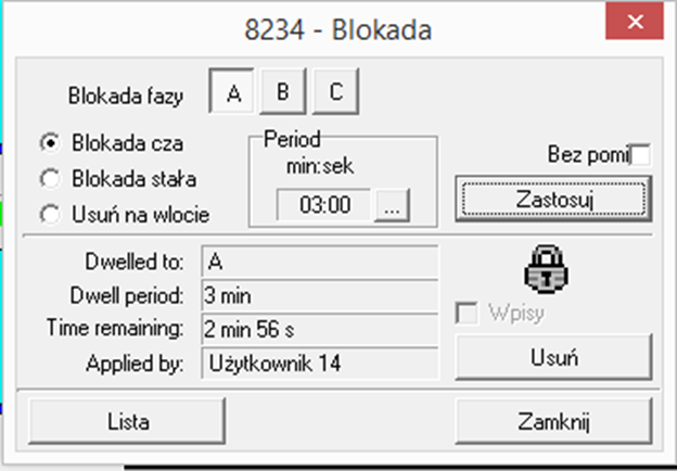 Blokada - manualne wydłużanie fazy Blokowanie fazy- opcja która daje możliwość szybkiej blokady zielonego światła dla odpowiedniego wlotu skrzyżowania (używane awaryjnie