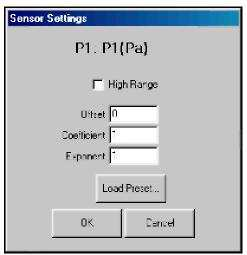 Okno 5: Ustawienia kanałów ciśnieniowych przy pomocy Sensor Settings: