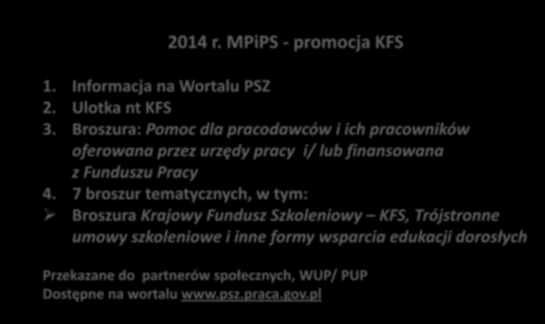 promocja 2014 2014 r. MPiPS - promocja KFS 1. Informacja na Wortalu PSZ 2. Ulotka nt KFS 3.