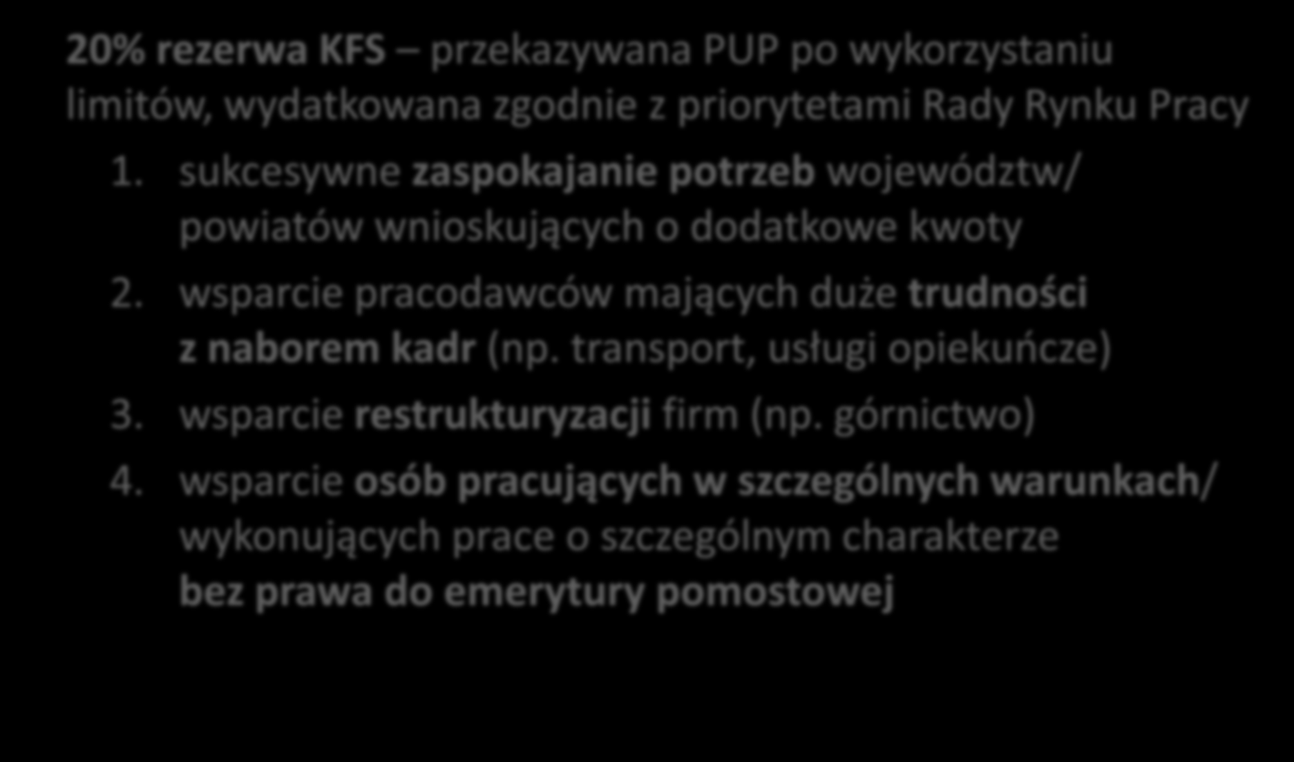 priorytety rezerwy KFS 20% rezerwa KFS przekazywana PUP po wykorzystaniu limitów, wydatkowana zgodnie z priorytetami Rady Rynku Pracy 1.