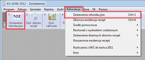 1. Wygenerowanie zestawienia refundacyjnego do NFZ W celu wygenerowania zestawienia refundacyjnego należy w module APW21 Zestawienia wybrać z menu Refundacje opcję