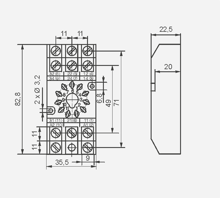 Gniazda i akcesoria GZ11 Rozstaw otworów w płycie montażowej Montaż na płycie 82,8 x,5 x 22,5 mm GZ 1050 GZP11 dokręcenia zacisku: 0,5 Nm