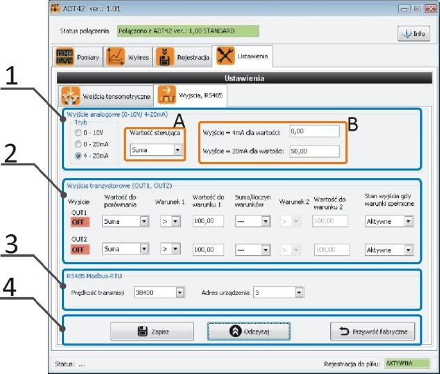 3.3 Konfiguracja wyjść i RS485 Po uruchomieniu aplikacji ADT42-PC należy przejść do zakładki Ustawienia zakładki Wyjścia, RS485., a następnie do 1) Ustawienia wyjścia analogowego.