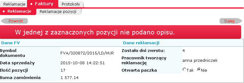 lista szczegółów do uzupełnienia.