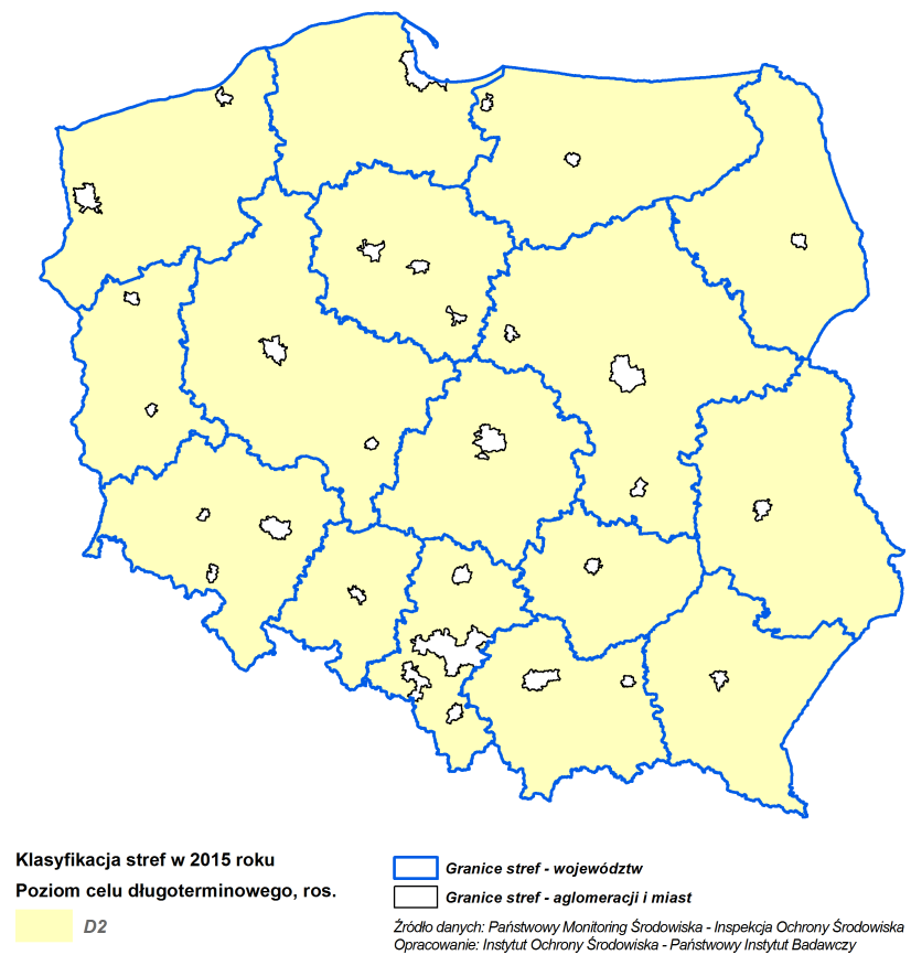 Rys. 4.3.2. Klasyfikacja stref w Polsce dla O 3 na podstawie rocznej oceny jakości powietrza za rok 2015 poziom celu długoterminowego ochrona roślin Tabela 4.3.2. Liczba stref dla O 3 zaliczonych do określonych klas poziom docelowy poziom celu długoterminowego ochrona roślin w poszczególnych województwach w 2015 r.