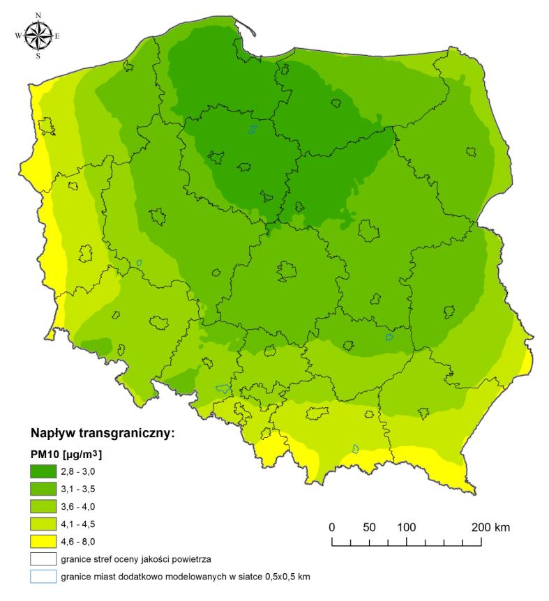 Największy procentowy udział emisji ze źródeł zagranicznych w stę eniach P 10 w Polsce ma miejsce w województwie zachodniopomorskim gdzie zgodnie z obliczeniami modelowymi, emisja spoza granic Polski