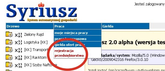 Wybieramy w menu panelu opcję Praca oraz w pionowym menu Rejestracja Przedsiębiorstwa.