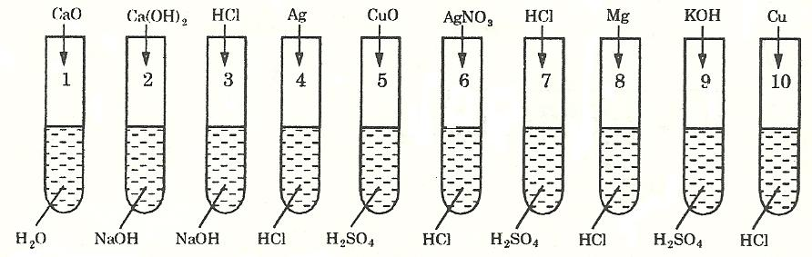 3. ( 20 pkt ) Przeprowadzono doświadczenie przedstawione na rysunku: A. Napisz, w których probówkach nie zajdą reakcje chemiczne i dlaczego. B. Napisz, w których probówkach zajdą reakcje chemiczne. C.