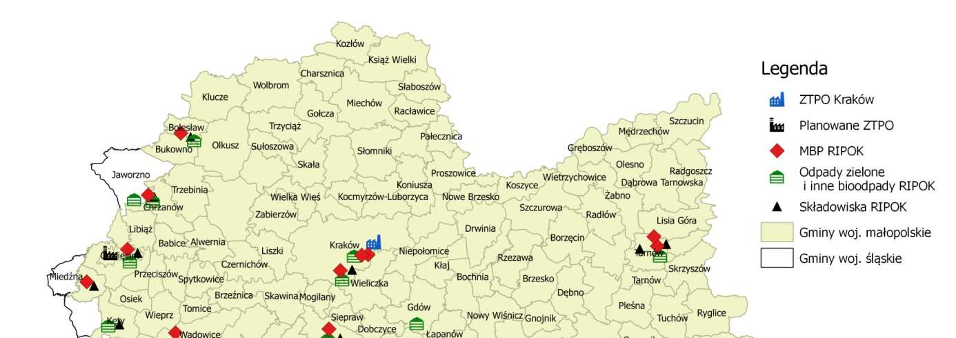 150 Na poniższym rysunku przedstawiono obszar Regionu Małopolskiego oraz rozmieszczenie istniejącej oraz planowanej infrastruktury zagospodarowania odpadów komunalnych: ITPOK, RIPOK do mechaniczno