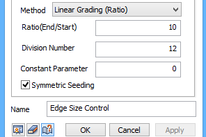 koncentracji elementów Constant Parameter (CP) (w przypadku Linear Grading (Length)) SL = 50, EL = 10, Div = 12, CP = 0 - podaniu stosunku długości elementu końcowego do początkowego Ratio