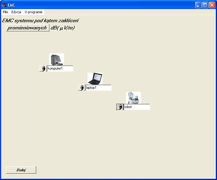 komputer1 laptop1 2m 3m 4m robot kuchenny Rys. 3 Przykładowy plan rozmieszczenia urządzeń (poza programem). Rys. 4 Wybór rodzaju urządzenia (nazwa i rysunek) Na rysunku 4 umieszczono okienko programu do wprowadzania danych poszczególnych urządzeń.