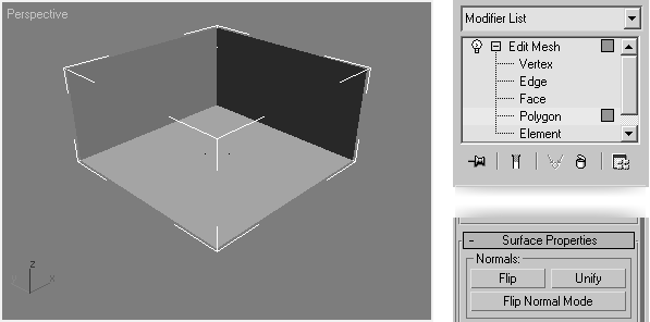 Rozdział 2. Pierwsza scena: ł awka pod oknem 49 Rysunek 2.2. Odwracanie wieloboków w rolecie Surface Properties Powierzchnie obiektów w maksie są widoczne tylko z jednej strony.