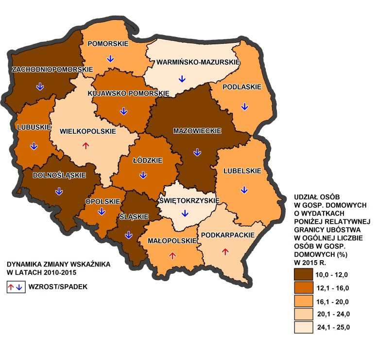 53. Udział osób w gospodarstwach domowych o wydatkach poniżej relatywnej granicy ubóstwa w ogólnej liczbie osób w gospodarstwach domowych [%] % 14 13 12 11 10 9 8 2010 2011 2012 2014 2015 łódzkie