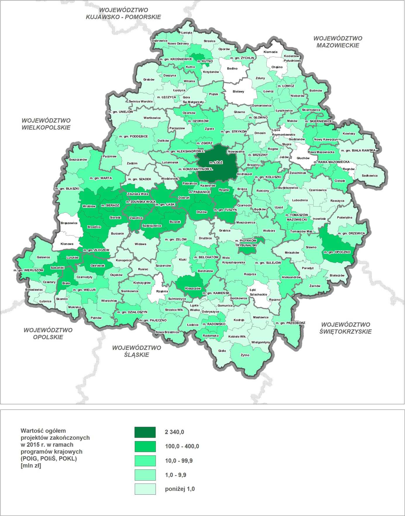 Rozpatrując na poziomie gmin rozkład przestrzenny poziomu wartości projektów realizowanych w ramach programów krajowych zdecydowanie można wyróżnić pas 20 gmin, w których wielkość środków znacznie