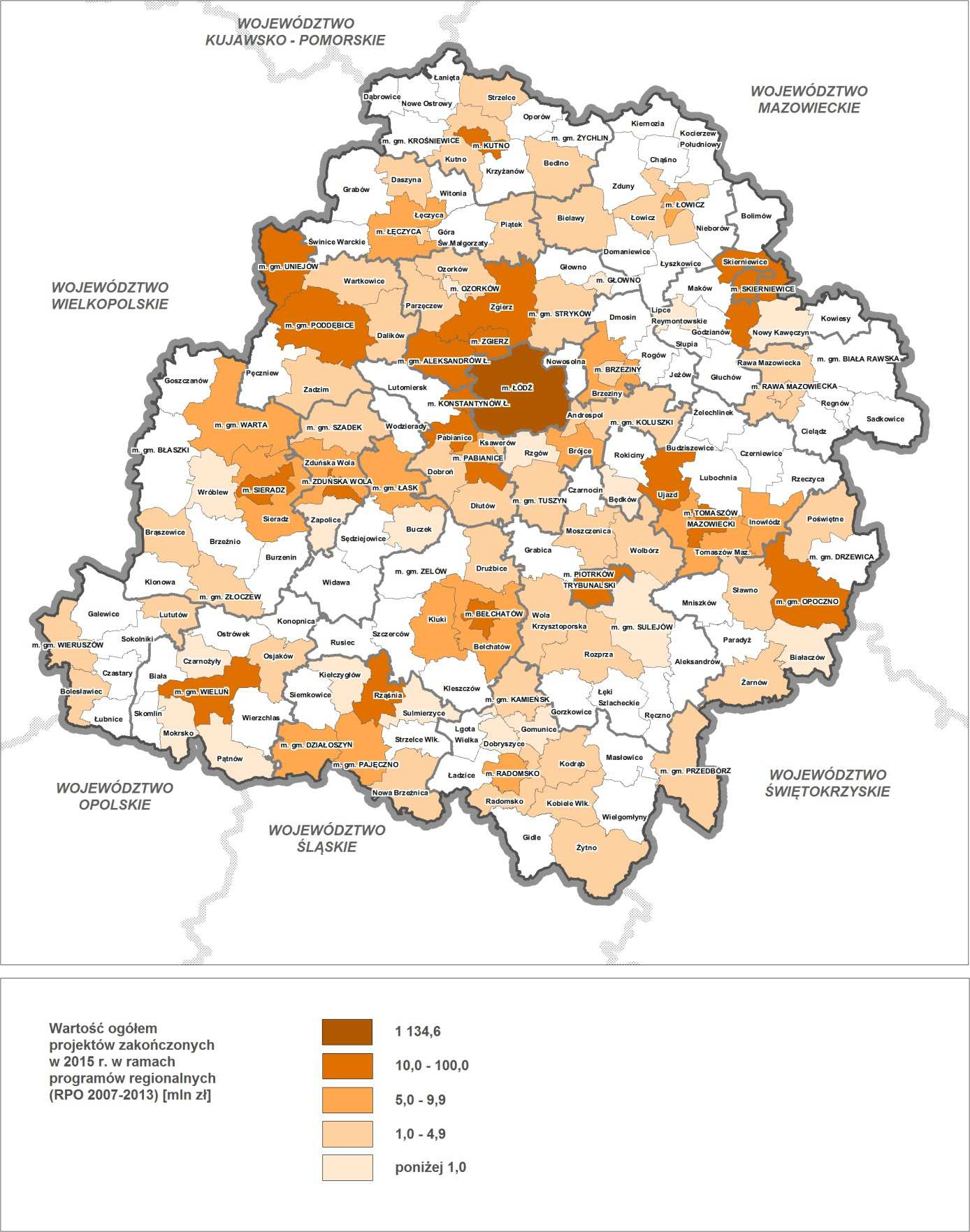 Z funduszy unijnych szczebla regionalnego skorzystało w 2015 r. tylko 98 gmin, czyli niewiele ponad połowa. Najwięcej białych plam można zauważyć we wschodniej oraz południowej części województwa.