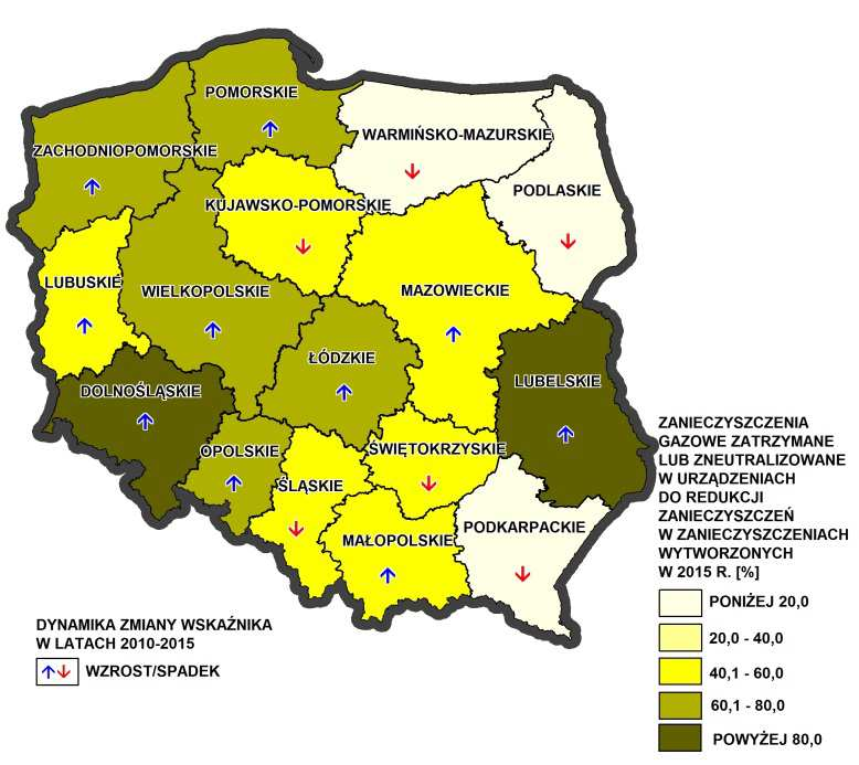 19. Zanieczyszczenia gazowe zatrzymane lub zneutralizowane w urządzeniach do redukcji zanieczyszczeń w zanieczyszczeniach wytworzonych [%] % 90 80 70 60 50 40 30 20 10 2010 2011 2012 2014 2015