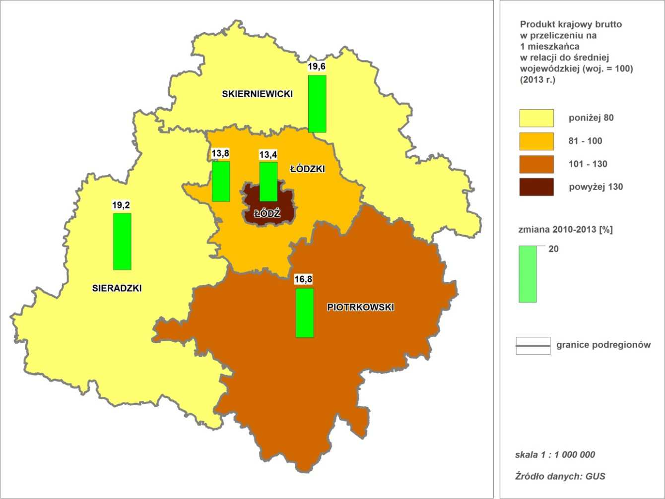 Mapa 1 PKB per capita w podregionach w relacji do średniej wojewódzkiej w r. (woj.