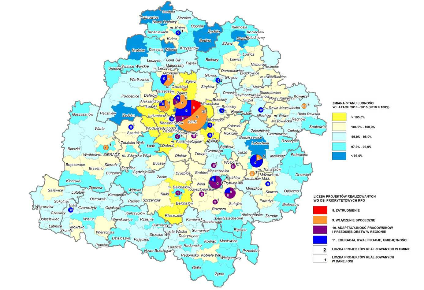 Mapa 12 Liczba projektów na rzecz przeciwdziałania depopulacji realizowanych na obszarze gmin na tle sytuacji