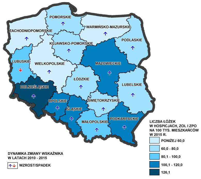 46. Liczba łóżek w hospicjach, zakładach opiekuńczo-leczniczych i pielęgnacyjnoopiekuńczych na 100 tys.
