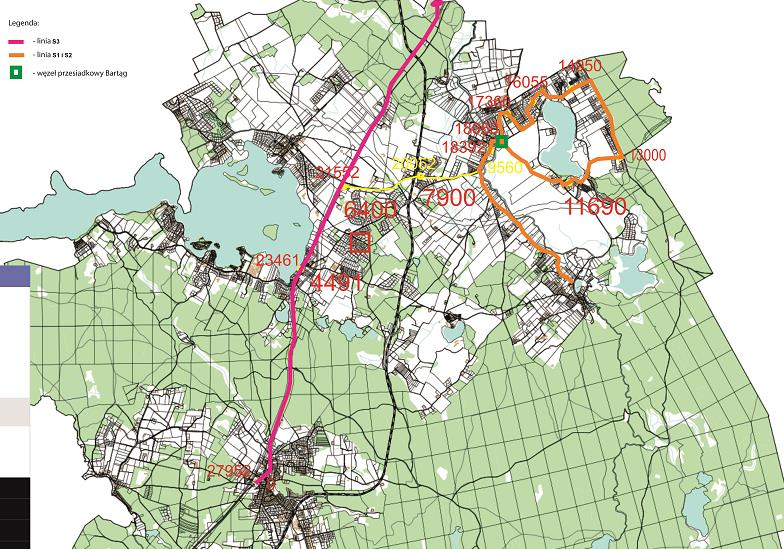 Wariant nr II Linia S1 linia jednokierunkowa Ruś Bartąg Wieś Rondo Bartąg Bartążek Warmiński Las DW 598 Przyrodnicza Akacjowa Jeziorna Rumiankowa Bartąska Rondo Bartąg Bartąg Wieś Ruś.