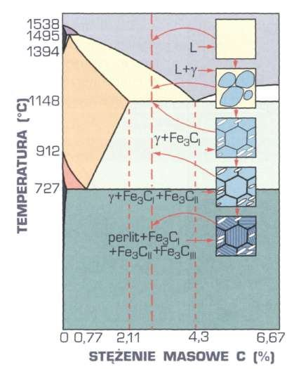 Po ochłodzeniu do temperatury odpowiadającej linii SE austenit (g) uzyskuje pełne nasycenie węglem.