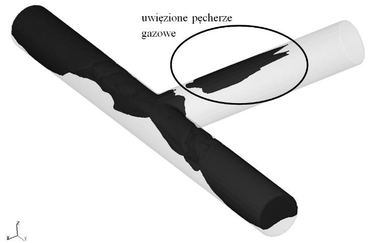 W analizie wykorzystano parametry fizyko-chemiczne staliwa o zawartości węgla 1 [% mas.] (baza danych FLOW-3D). Kierunek działania siły grawitacji - prostopadle do układu modelowego.
