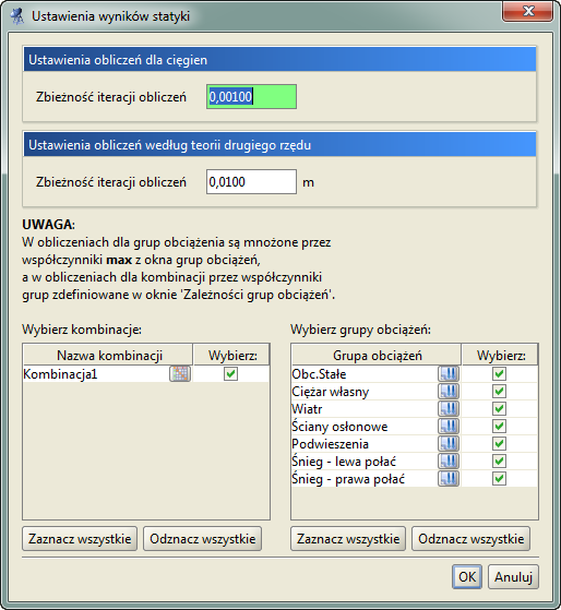 Cięgna Z uwzględnieniem cięgien gdzie pręty oznaczone jako cięgno mogą przenosić jedynie siły rozciągające, a obliczenia mogą być wykonane jedynie dla wybranych grup obciążeń i kombinacji.