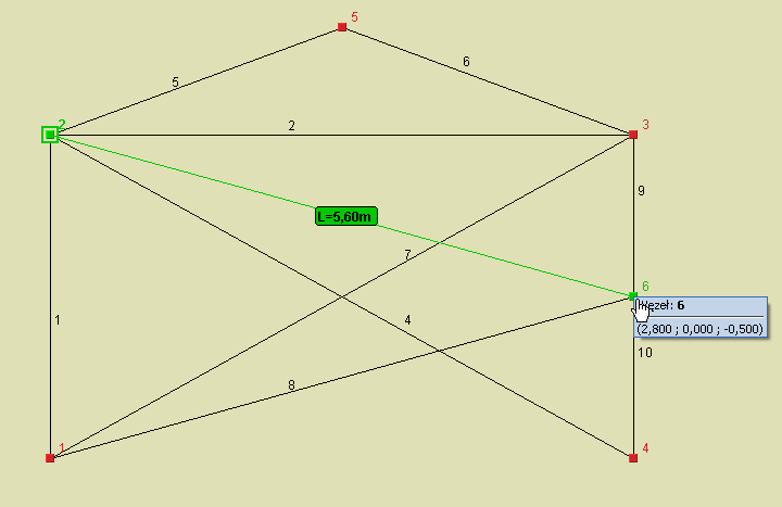Podstawy program oblicza odległość między punktem wskazanym i węzłem bazowym i wyświetla ją na tle zielonej linii pomocniczej łączącej oba punkty.