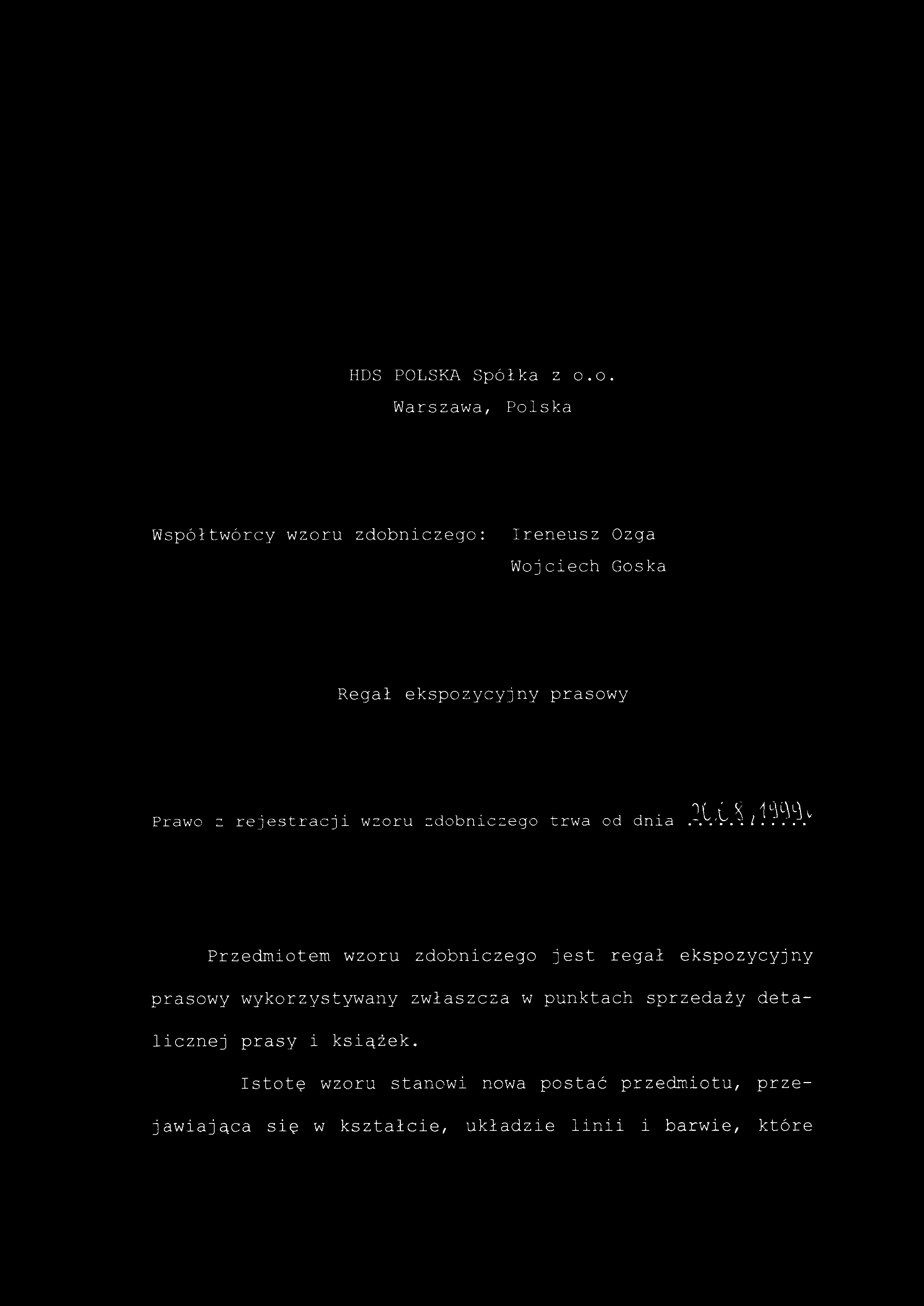 Prawo z rejestracji wzor u zdobniczeg o trw a o d dni a 20.08.1999r.