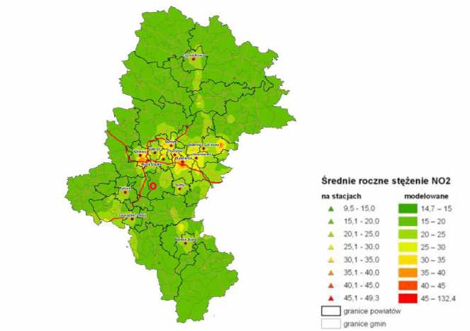 Rysunek 3. Rozkład średniorocznych stężeń NO 2 w roku 2012 na terenie województwa śląskiego, uwzględniając położenie miasta Orzesze.