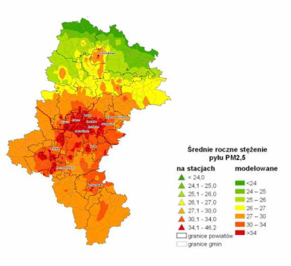 Rysunek 4. Rozkład średniorocznych stężeń pyłu PM 2.5 w 2012 r. na terenie województwa śląskiego, uwzględniając położenie miasta Orzesze.