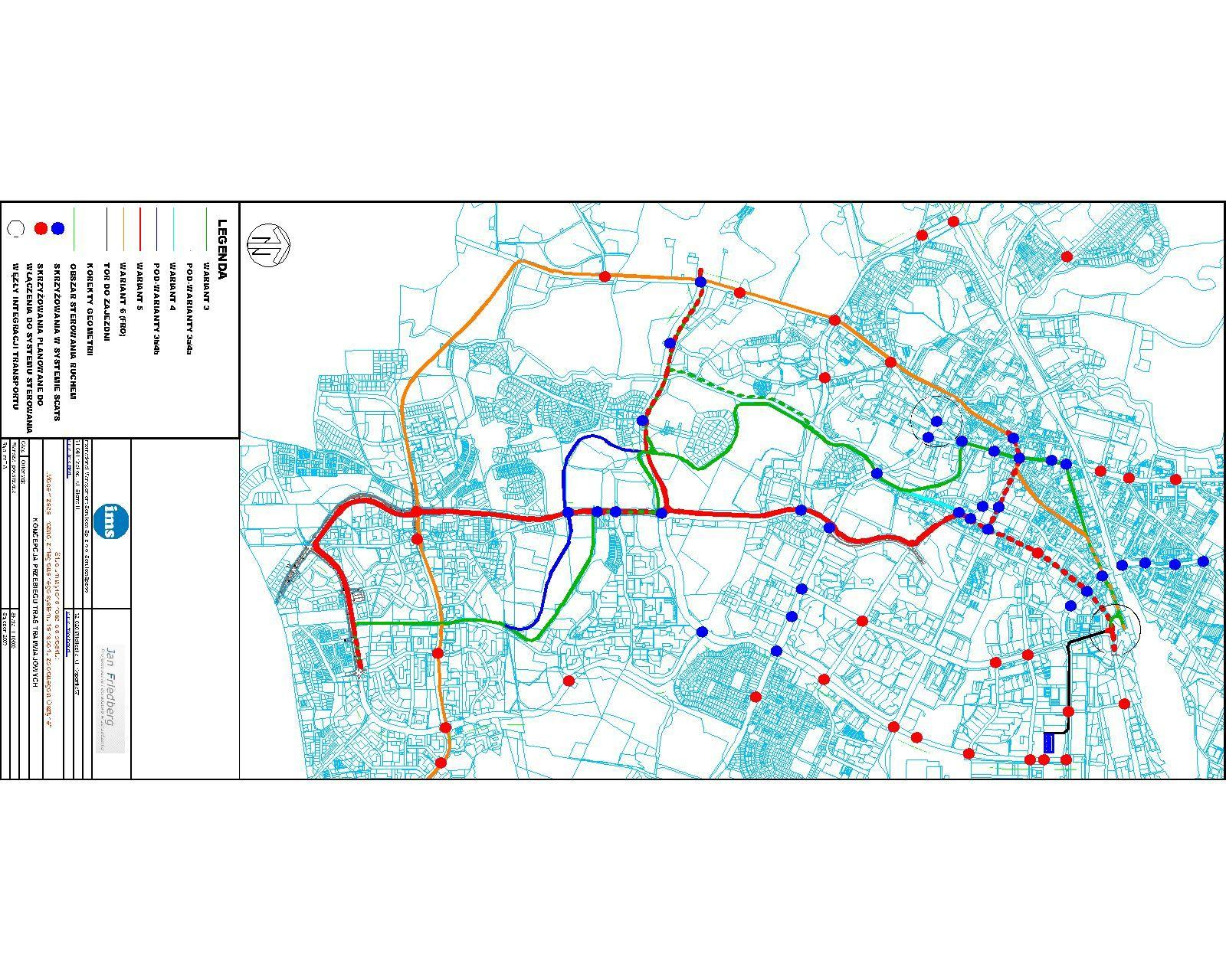 Rysunek 5: Schemat sieci wariantów linii tramwajowej Źródło: opracowanie własne Analizy wykazały, że wprawdzie najkorzystniejsze efekty dla miasta przynoszą warianty tramwajowe W3 i W4