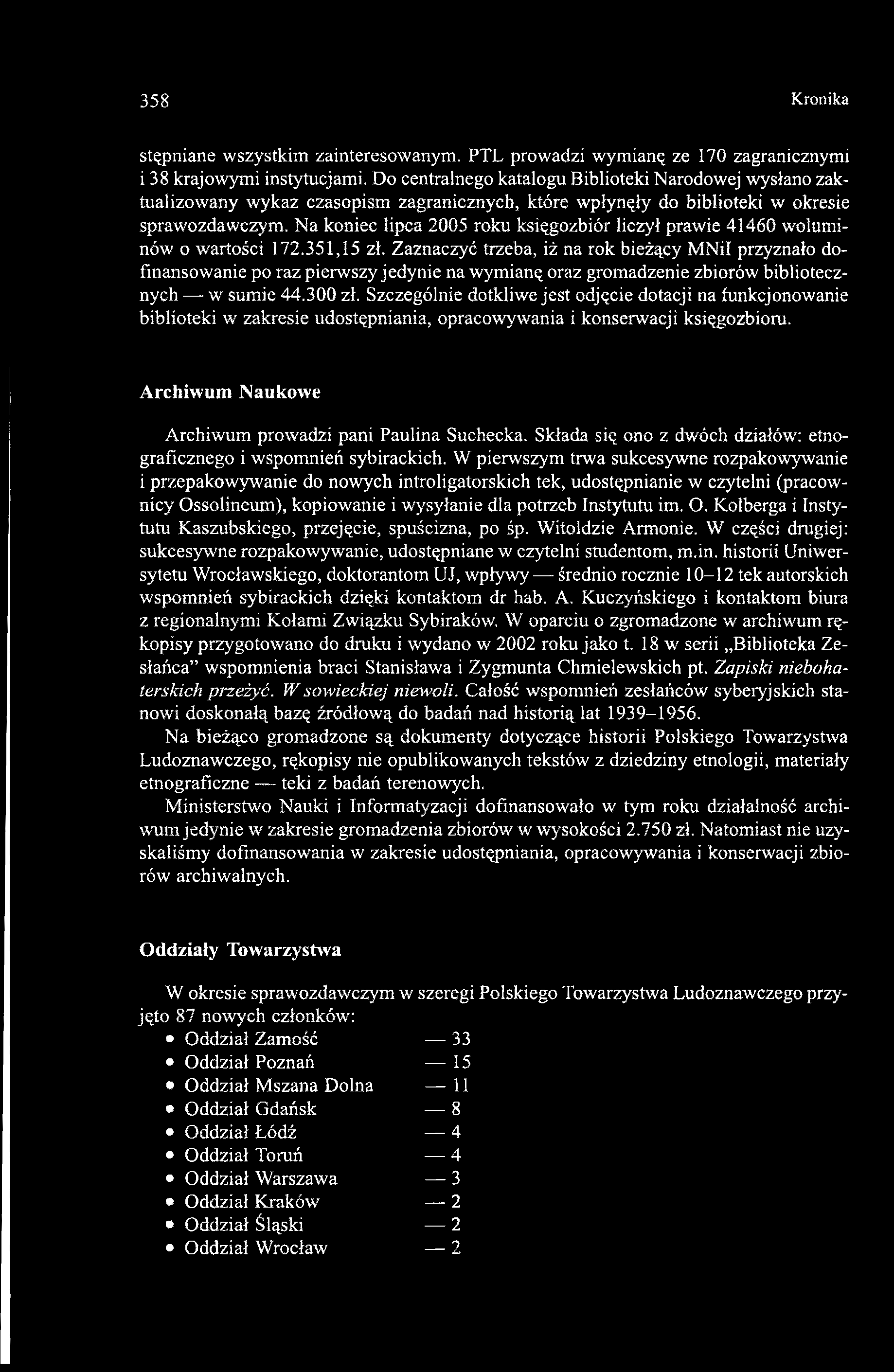 Na koniec lipca 2005 roku księgozbiór liczył prawie 41460 woluminów o wartości 172.351,15 zł.