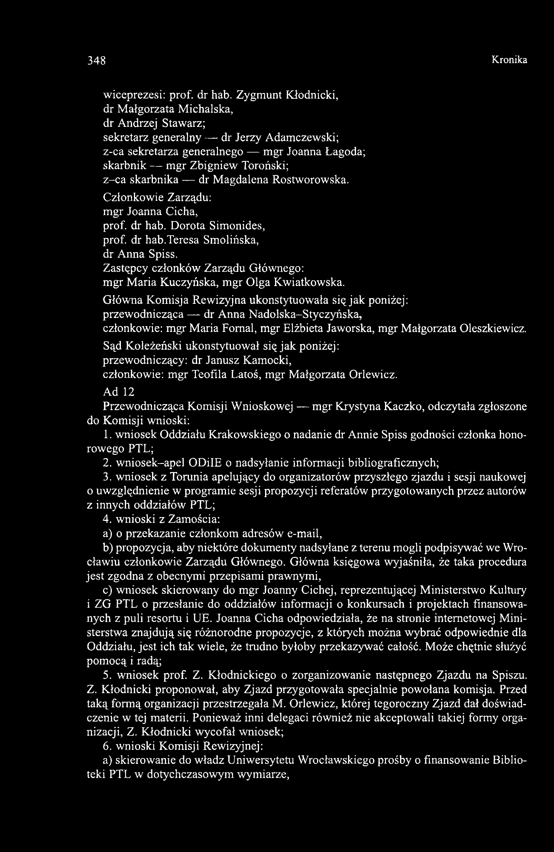 dr Magdalena Rostworowska. Członkowie Zarządu: mgr Joanna Cicha, prof. dr hab. Dorota Simonides, prof. dr hab.teresa Smolińska, dr Anna Spiss.
