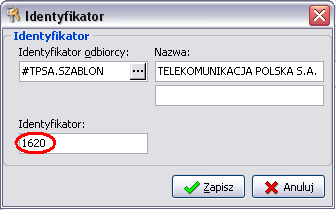 Okno Wybierz odbiorcę zamknie się, ale w oknie Identyfikator pojawią się dane wskazanego przez nas Odbiorcy.