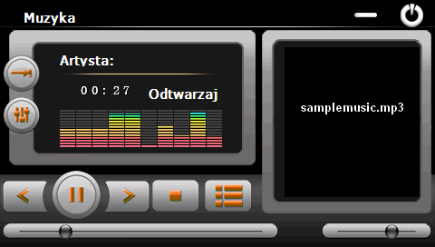 Opis funkcji odtwarzacza muzyki: Zamyka aplikację odtwarzacza muzyki Minimalizuje aplikację i powraca do ekranu startowego Odtwarzanie utworu