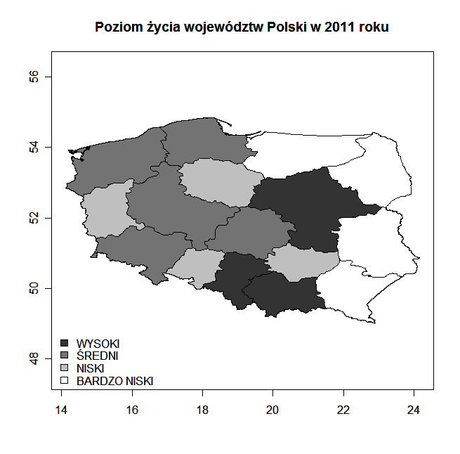 Ocena poziomu życia w Polsce porównanie podejścia... 101 Rys. 3. Poziom życia województw w 2011 oraz 2012 roku Źródło: Opracowanie własne z wykorzystaniem programu R CRAN.