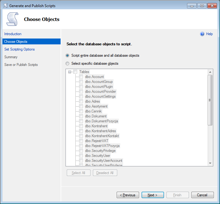 Upewnij się, że opcja Script entire database