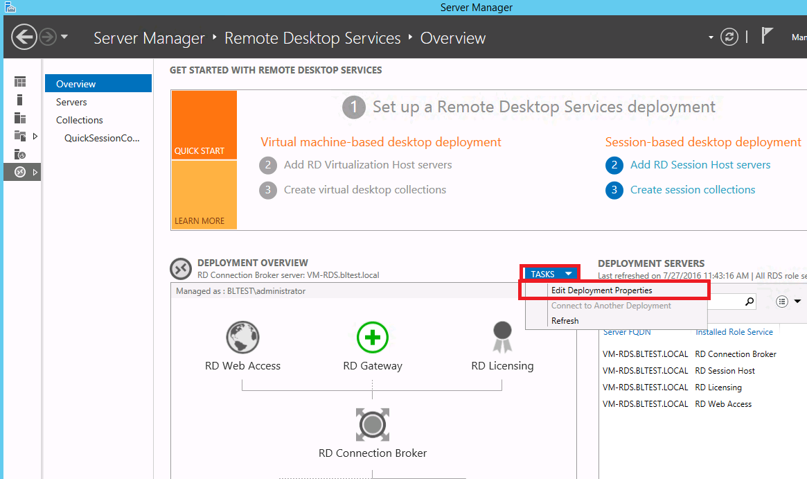 Po powrocie do Server Managera, do opcji Remote Desktop Services, wybierz dla grupy Deployment Ovierview opcję TASKS, a następnie Edit Deployment Properties W oknie Deployment Properties, przejdź do