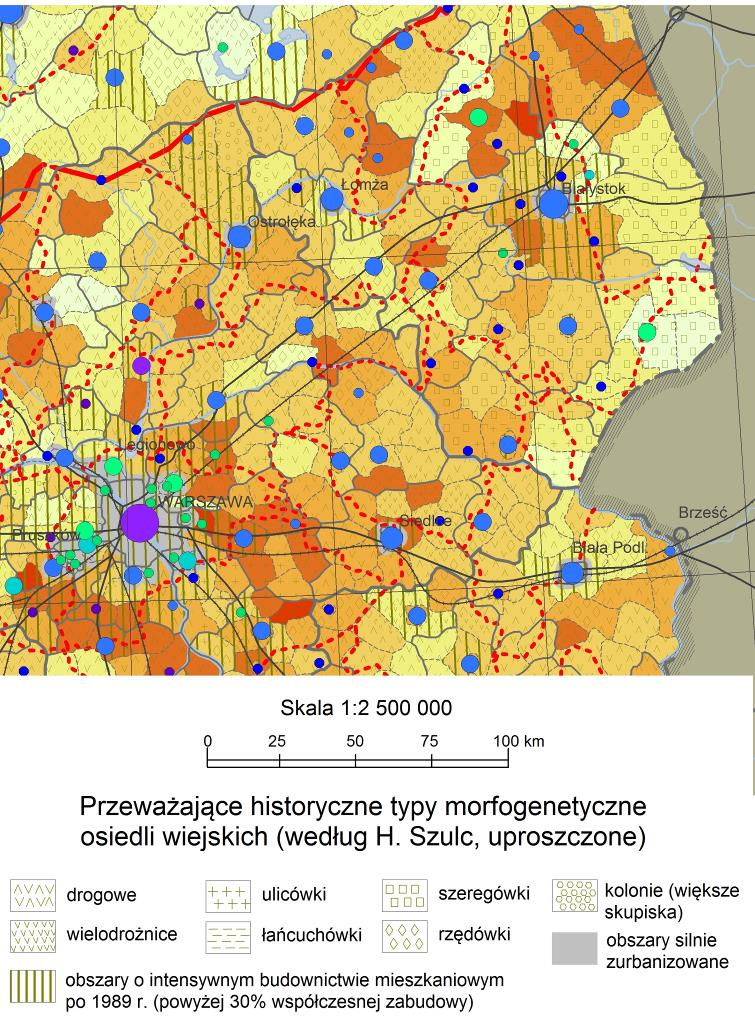 ODRZUCONE: TYPY MORFOGENETYCZNE WSI + udział zabudowy po 1989 r. ZALETY: syntetyczne ujęcie morfologii osadnictwa wiejskiego w całym kraju, wykonane przez H.