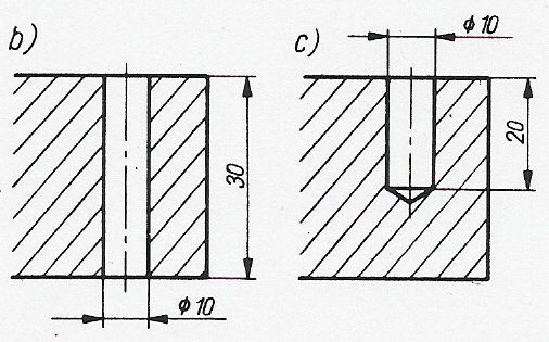 Wymiarowanie otworów walcowych wymiaruje się podając średnicę otworu i grubość materiału lub głębokość otworu. Rys. 4.6.5.