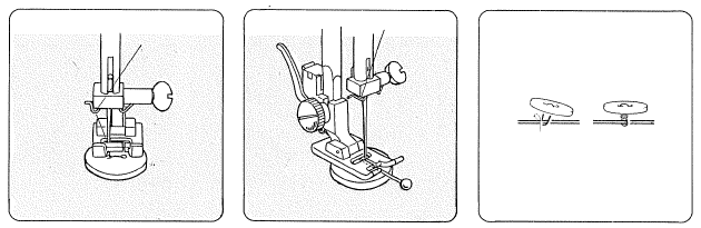Przyszywanie guzików Umieść guzik na materiale. Na stopkę wstaw szpilkę, która tworzy podstawę guzika. Naciśnij dźwignię opuszczania ząbków i przesuń ją w prawo (ząbki zostaną opuszczone).