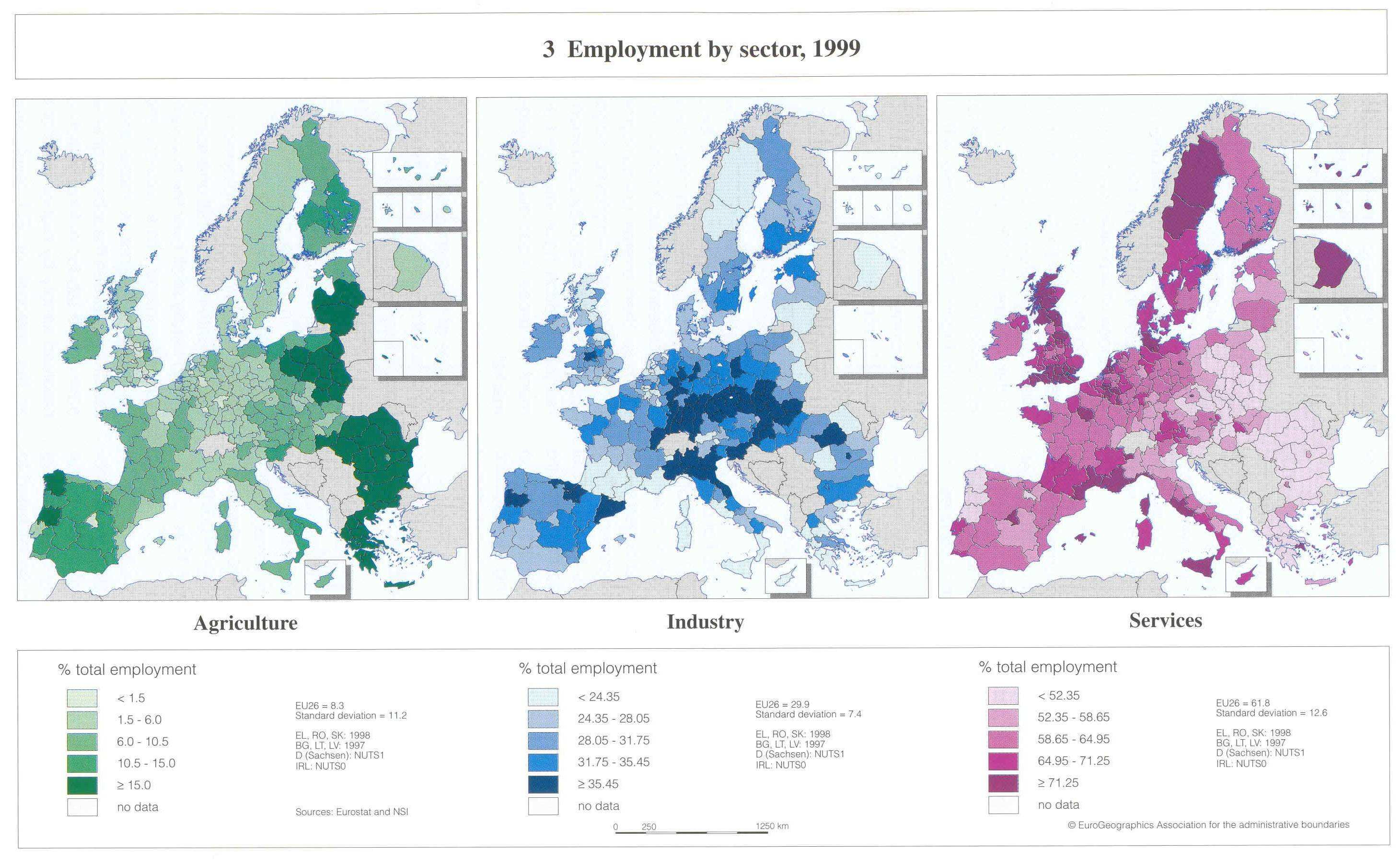 Rola przemysłu zaawansowanej technologii w rozwoju regionalnym i lokalnym 12 Załącznik 3. Wielkość zatrudnienia w poszczególnych sektorach gospodarki według regionów w Europie w 1999 r.