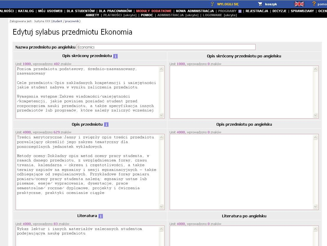 Rys. 5 Edycja sylabusa Pierwszym polem, które należy uzupełnić jest Nazwa przedmiotu po angielsku, poniżej znajdują się dwie kolumny pól do uzupełnienia, pierwsza dotyczy opisu przedmiotu w języku