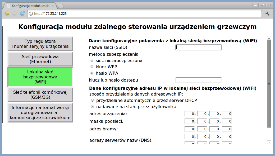 Na uruchomionej w ten sposób stronie internetowej urządzenia należy wprowadzić dane dotyczące połączenia z internetem (WiFi, GSM/3G, przewodowego bez DHCP) oraz numer seryjny (Device ID) i typ